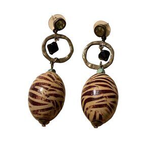 Vintage Tribal-Inspired Dangle Earrings With Zebra Wood Beads Hammered Brass Hoo